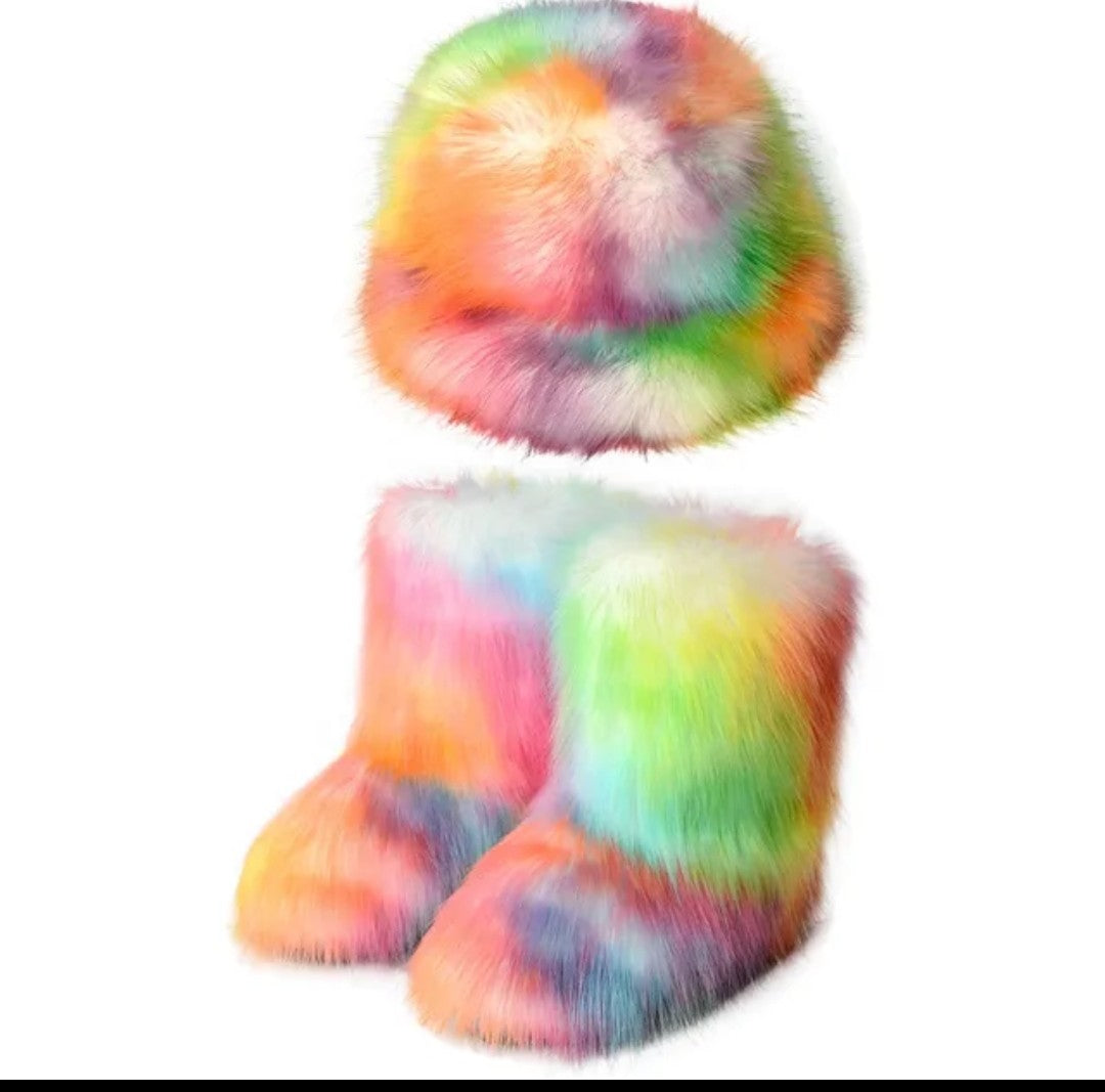 (Free Shipping)(Tariffs included in price) Winter Warm Women Fur Boot Woman Fluffy Faux Fur Fisherman Hat Set Ladies Plush Snow Boot