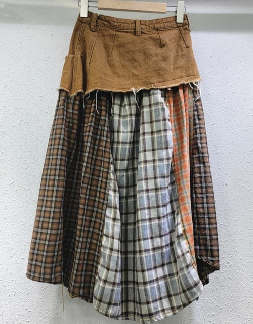 Load image into Gallery viewer, (Free Shipping)(Tariffs included in price) Irregular High Waist Casual Jean Plaid Skirt Women Long Denim Skirt

