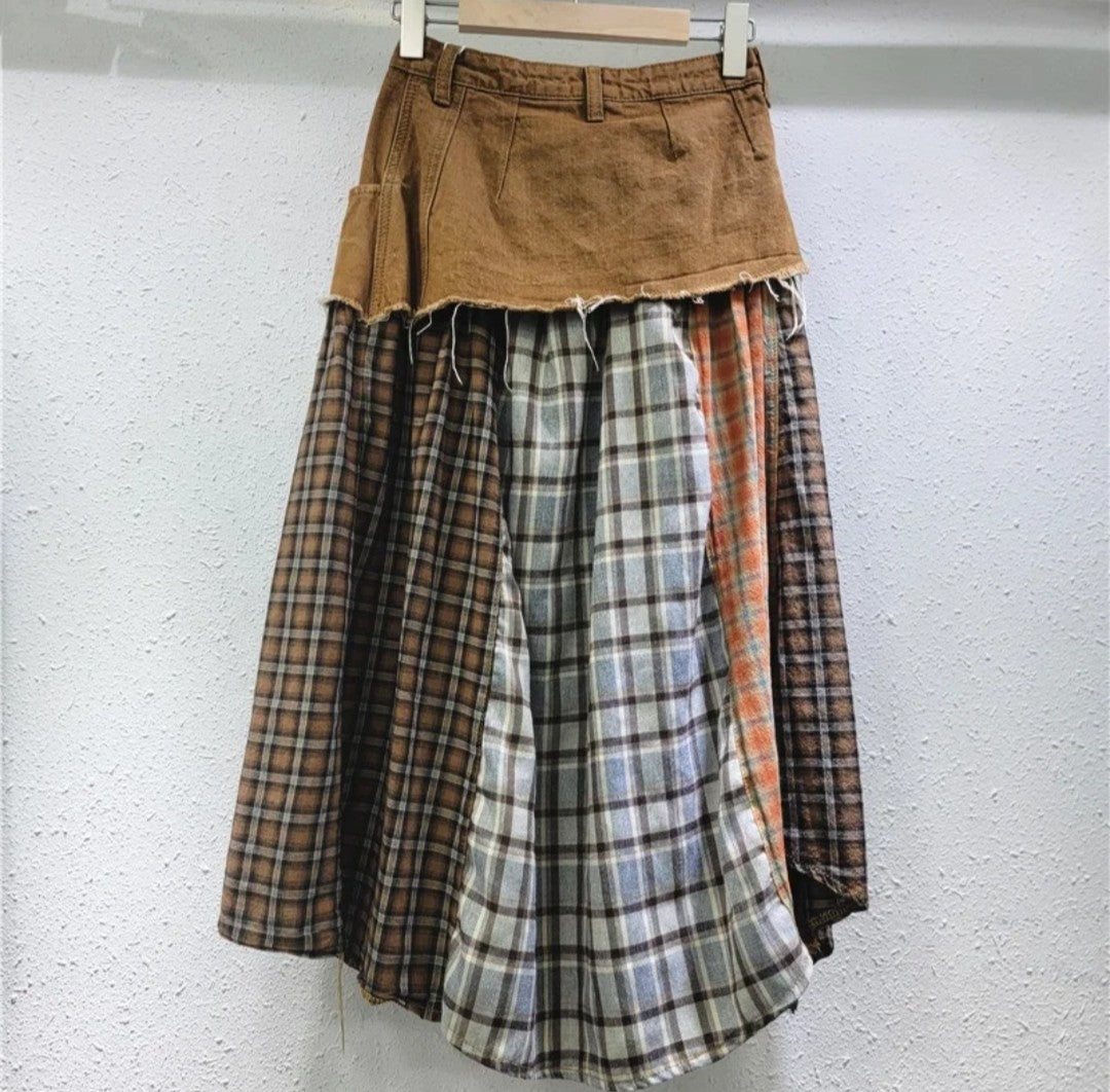 (Free Shipping)(Tariffs included in price) Irregular High Waist Casual Jean Plaid Skirt Women Long Denim Skirt