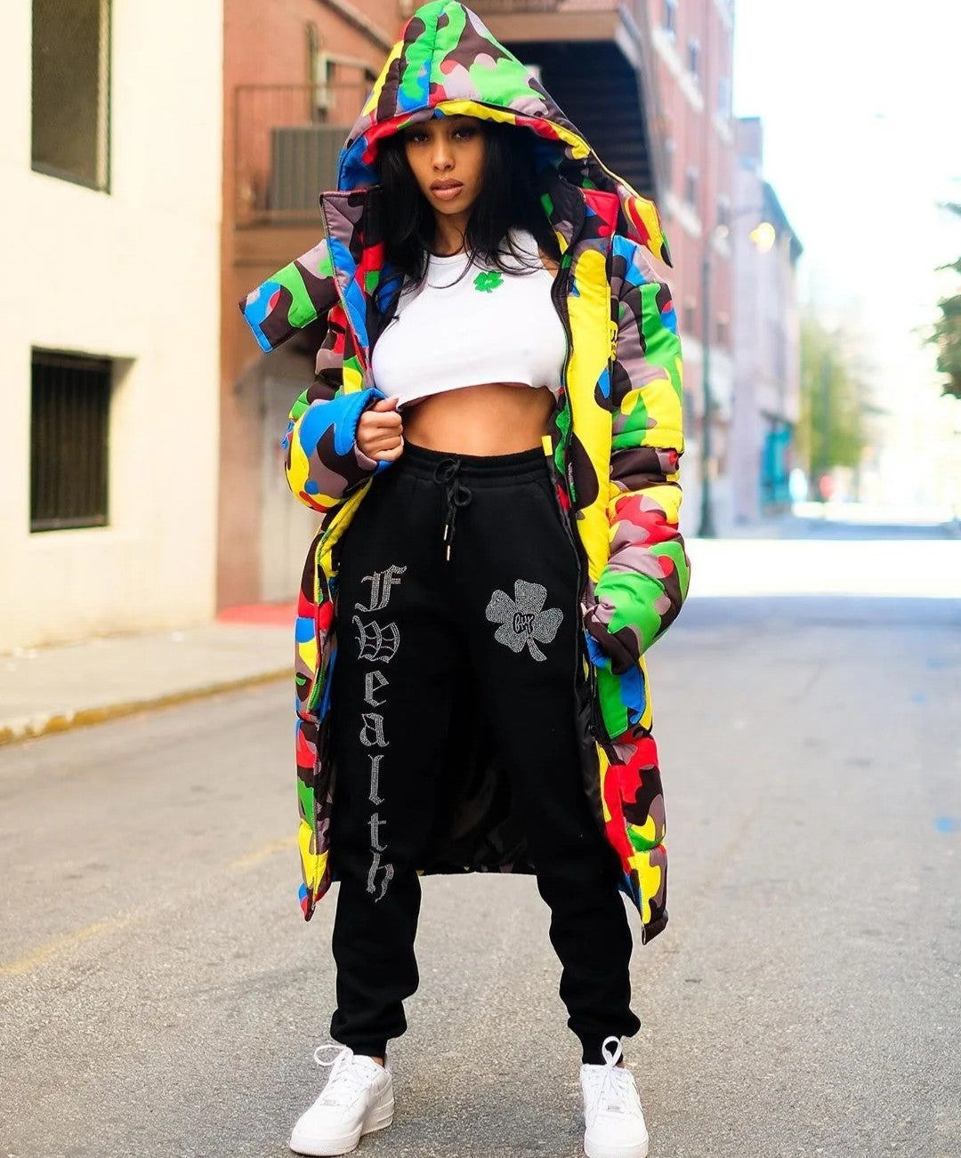 (Free Shipping)(Tariffs included in price) Winter Down Puffer Jacket Print Camo Bomber Bubble Coat Bubble Long Down Jacket Ladies