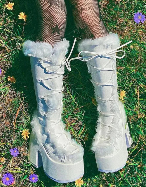 Load image into Gallery viewer, (Free Shipping) Women's Western Thick Chunky Heels Long Lace Up Furry Round Toe Platform Knee High Boots
