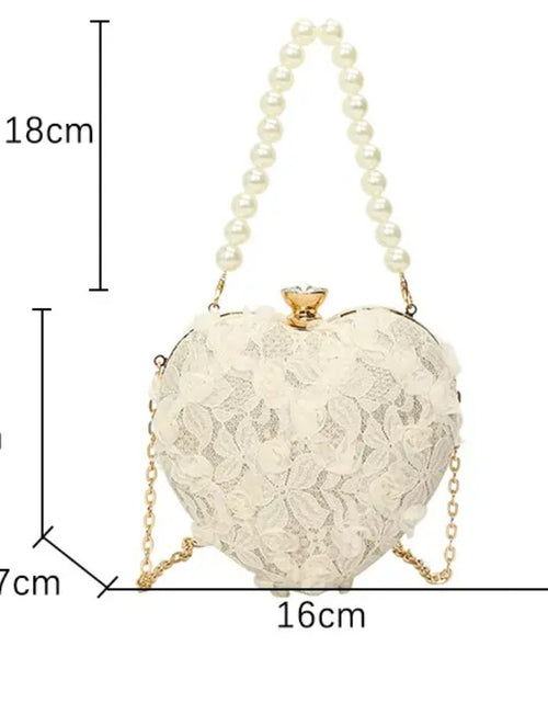 Load image into Gallery viewer, (Free Shipping)(Tariffs included in price) Luxury Lace Flower Heart Shape Pearl Handle Clutch Purse Diamond Evening Wedding Party Shoulder Bag Handle Rose Floral Handbags
