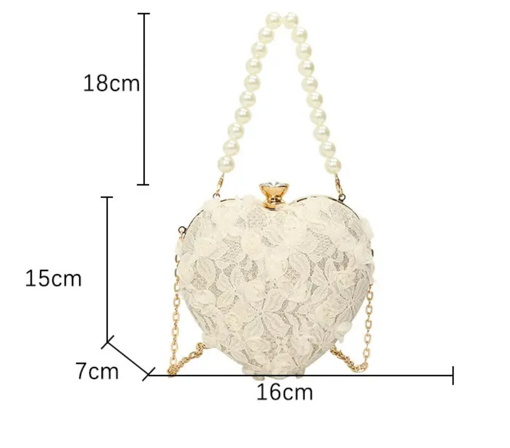 (Free Shipping)(Tariffs included in price) Luxury Lace Flower Heart Shape Pearl Handle Clutch Purse Diamond Evening Wedding Party Shoulder Bag Handle Rose Floral Handbags