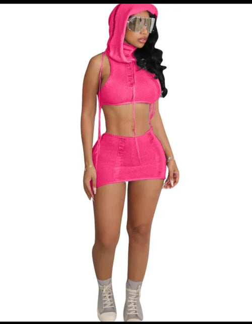 Load image into Gallery viewer, (Free Shipping)(Tariffs included in price) Women's Sleeveless Mini Knit Hooded Crop Vest And High Waist Skirt
