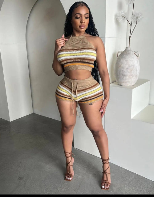 Load image into Gallery viewer, (Free Shipping)(Tariffs included in price) Summer 2Pcs for Women Striped Sleeveless Top &amp; Drawstring High Waist Shorts Set
