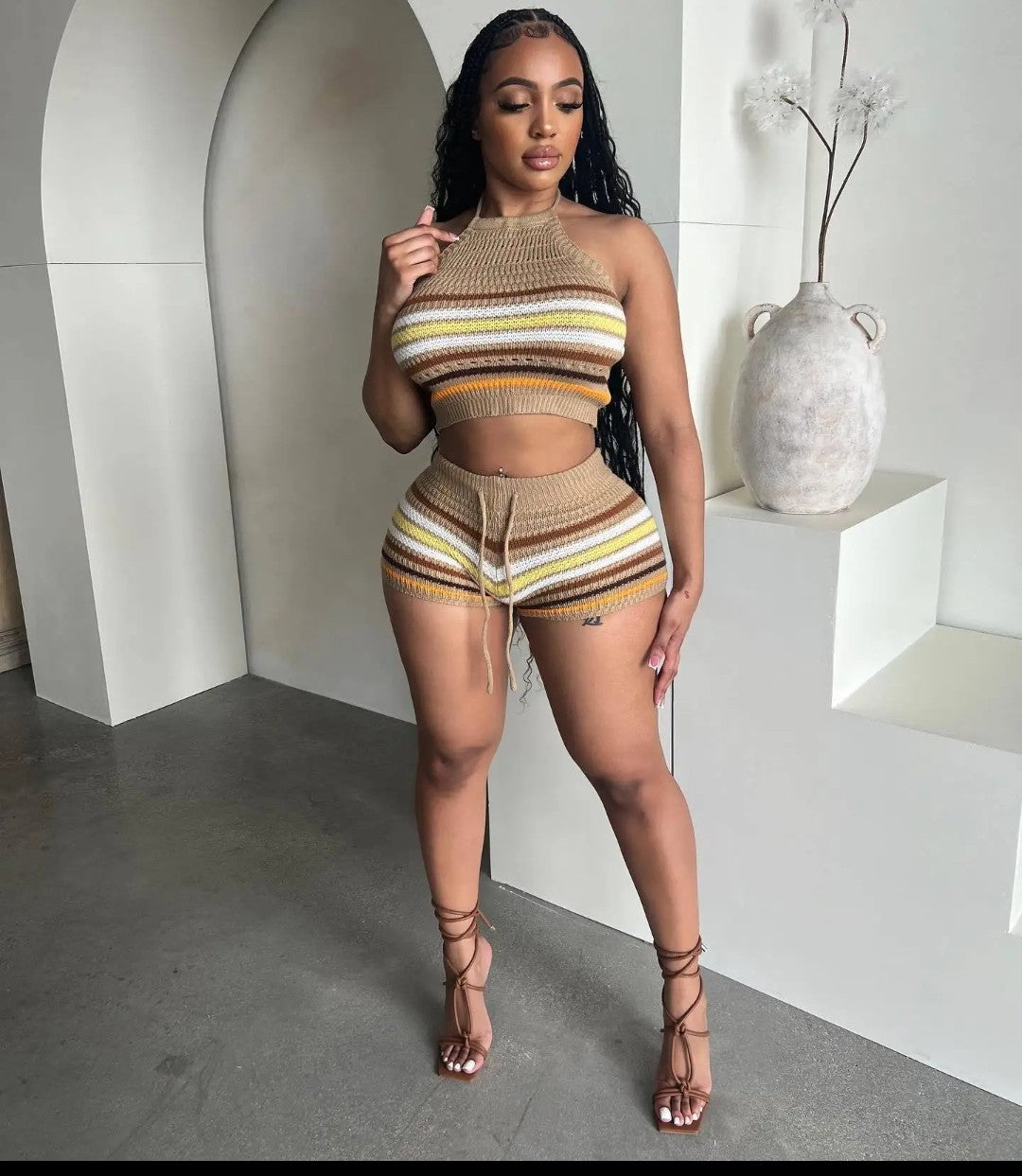 (Free Shipping)(Tariffs included in price) Summer 2Pcs for Women Striped Sleeveless Top & Drawstring High Waist Shorts Set