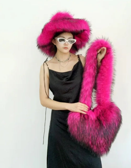Load image into Gallery viewer, (Free Shipping)(Tariffs included in price)Designer Women's Luxury Furry Racoon Handbag Faux Fur Hat and Bag
