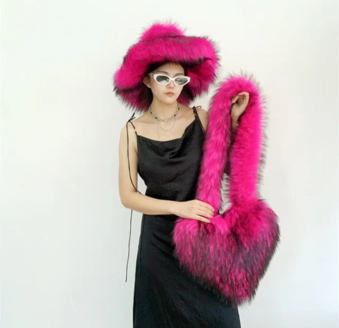 (Free Shipping)(Tariffs included in price)Designer Women's Luxury Furry Racoon Handbag Faux Fur Hat and Bag