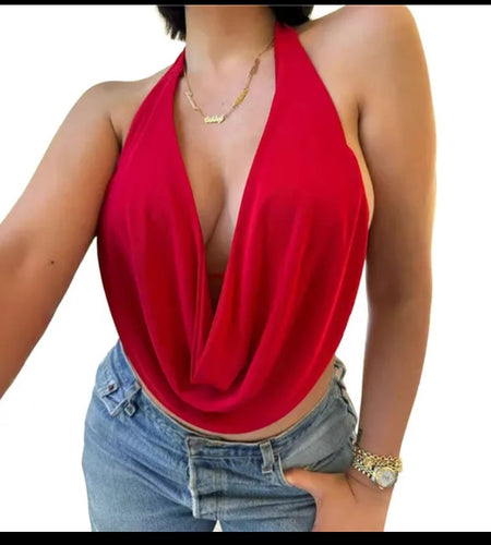 (Free Shipping)(Tariffs included in price) Women's Summer Halterneck Casual Front Draped Bandage Backless  Crop Tops