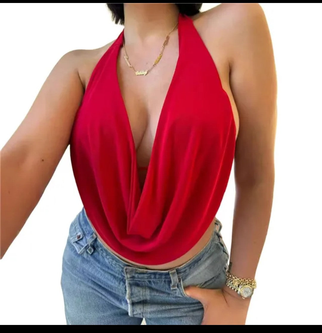 (Free Shipping)(Tariffs included in price) Women's Summer Halterneck Casual Front Draped Bandage Backless  Crop Tops
