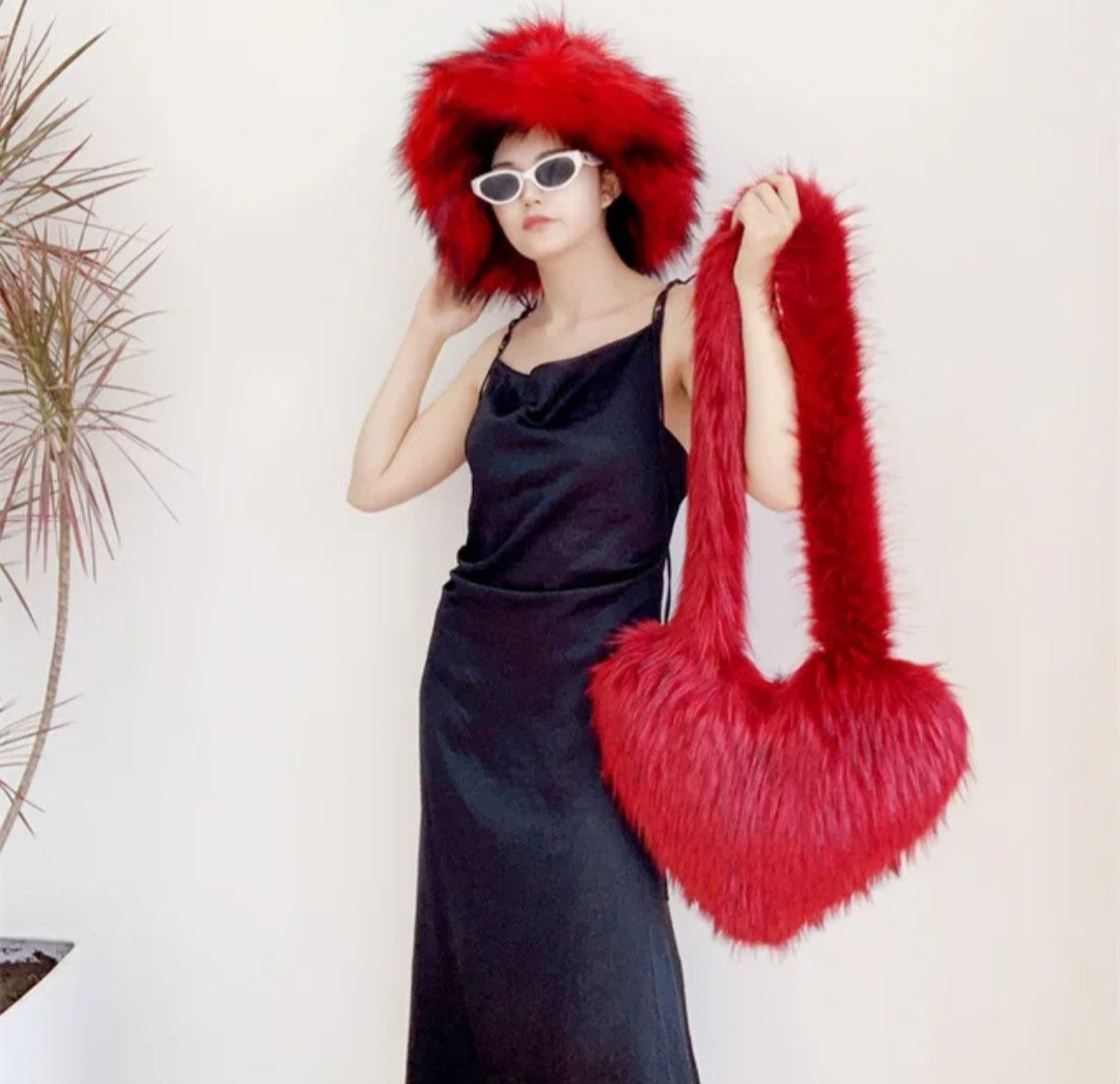 (Free Shipping)(Tariffs included in price)Designer Women's Luxury Furry Racoon Handbag Faux Fur Hat and Bag