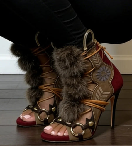 (Free Shipping) Fluffy Fur Decorated Cross Laced Wide Fit Metal Elements High Heels