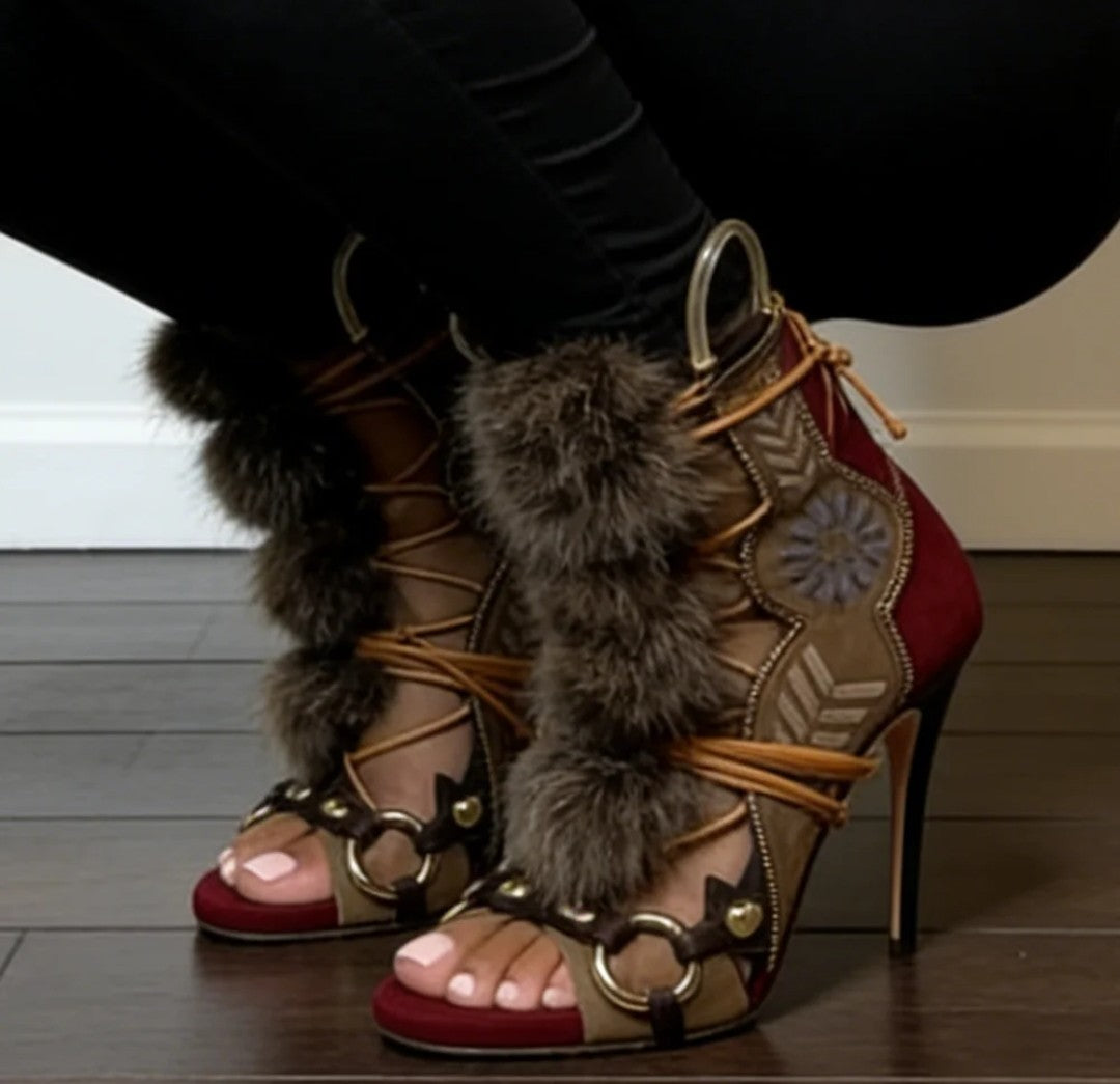 (Free Shipping) Fluffy Fur Decorated Cross Laced Wide Fit Metal Elements High Heels