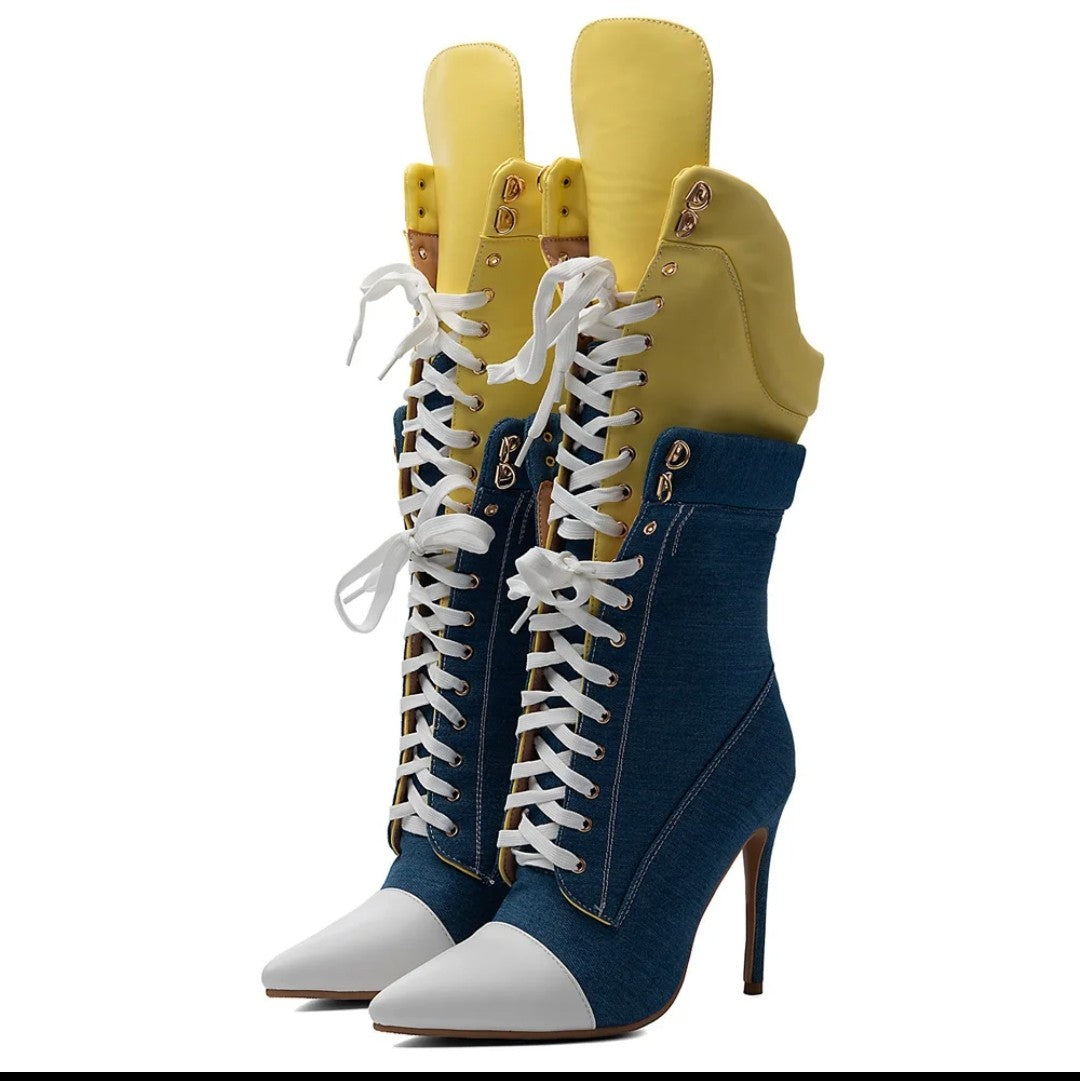 (Free Shipping) Sports Style Women's Jean Stiletto High- Heel Boots Lace Up Blue Yellow Patchwork Denim