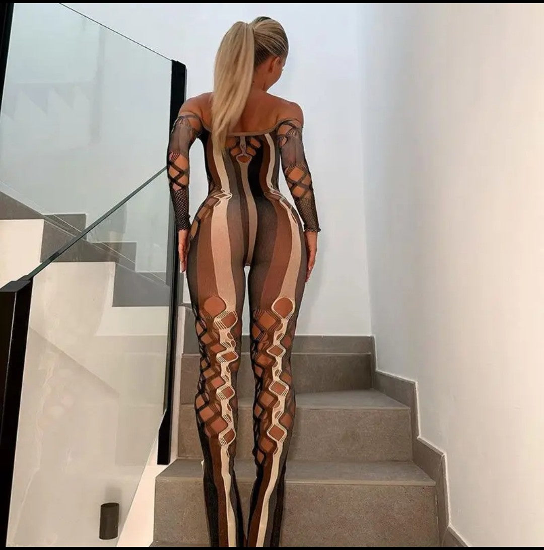 (Free Shipping)(Tariffs included in price) Sexy Hollowed Out Long Sleeve Jumpsuit Women's Romper Slim Off Shoulder Playsuit