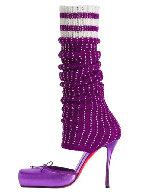 Load image into Gallery viewer, (Free Shipping) Diamond Knitted Upper High Heeled Shoe Front Bow Square Toe Knee High Stretch Cut Out Sock Sandals
