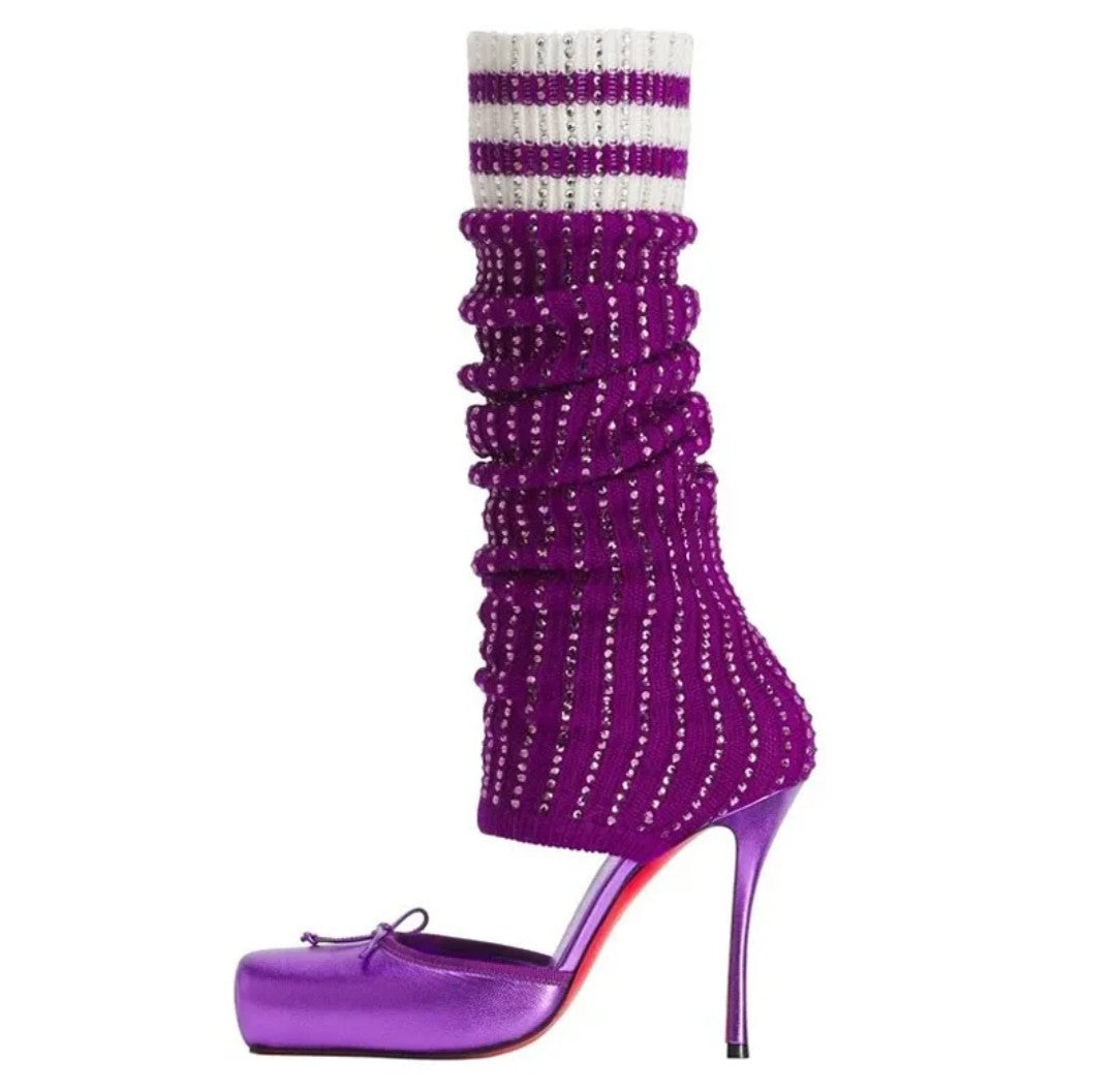 (Free Shipping) Diamond Knitted Upper High Heeled Shoe Front Bow Square Toe Knee High Stretch Cut Out Sock Sandals