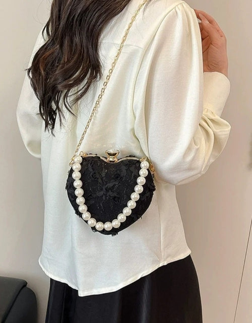 Load image into Gallery viewer, (Free Shipping)(Tariffs included in price) Luxury Lace Flower Heart Shape Pearl Handle Clutch Purse Diamond Evening Wedding Party Shoulder Bag Handle Rose Floral Handbags
