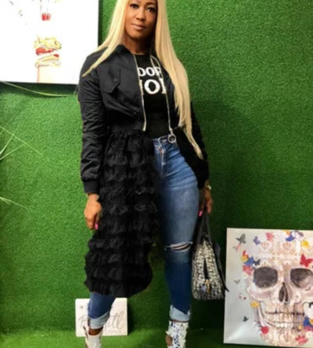 (Free Shipping)(Tariffs included in price) Spring fashion dress patch mesh ruffle woman zip long jacket coat