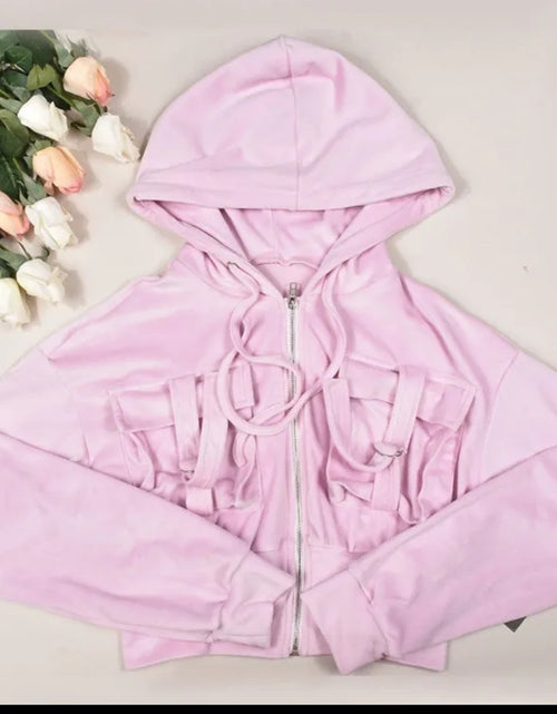 Load image into Gallery viewer, (Free Shipping)(Tariffs included in price) Velvet Pink Hooded Crop Jacket + Mini Skirt 2 Piece Set
