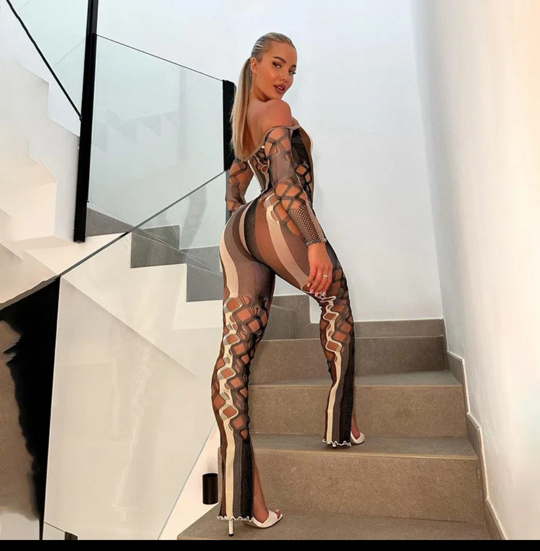 (Free Shipping)(Tariffs included in price) Sexy Hollowed Out Long Sleeve Jumpsuit Women's Romper Slim Off Shoulder Playsuit