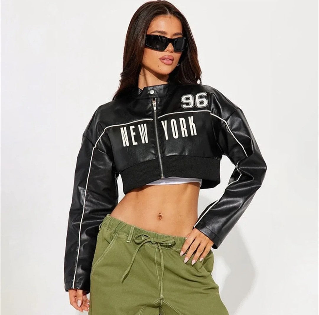 (Free Shipping)(Tariffs included in price) Fall Winter PU Leather Women's Coats Crop Top Cool Girls Motorcycle Jacket