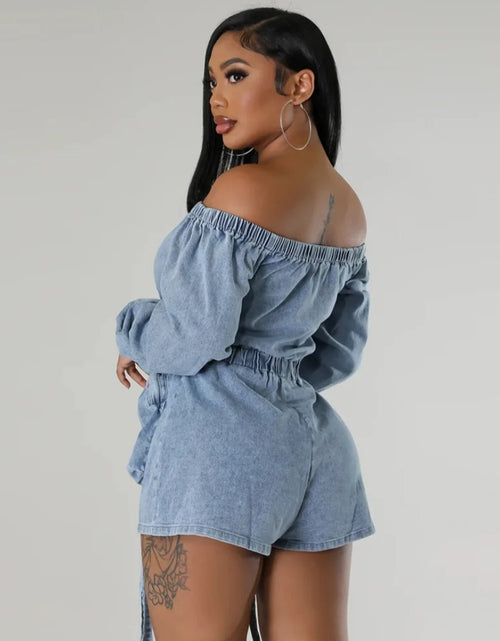 Load image into Gallery viewer, (Free Shipping)(Tariffs included in price) Wholesale popular trendy fall women clothes denim jeans off shoulder shorts jumpsuit
