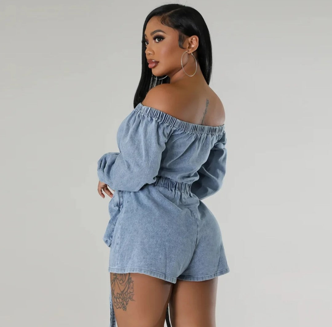 (Free Shipping)(Tariffs included in price) Wholesale popular trendy fall women clothes denim jeans off shoulder shorts jumpsuit
