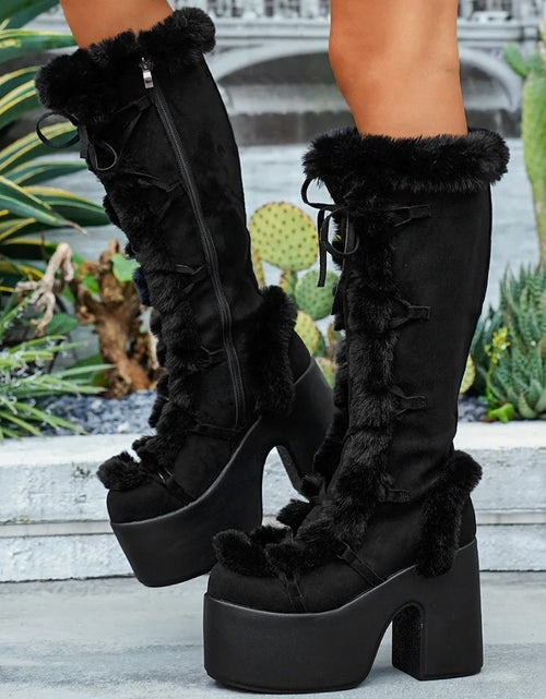 Load image into Gallery viewer, (Free Shipping) Women's Western Thick Chunky Heels Long Lace Up Furry Round Toe Platform Knee High Boots
