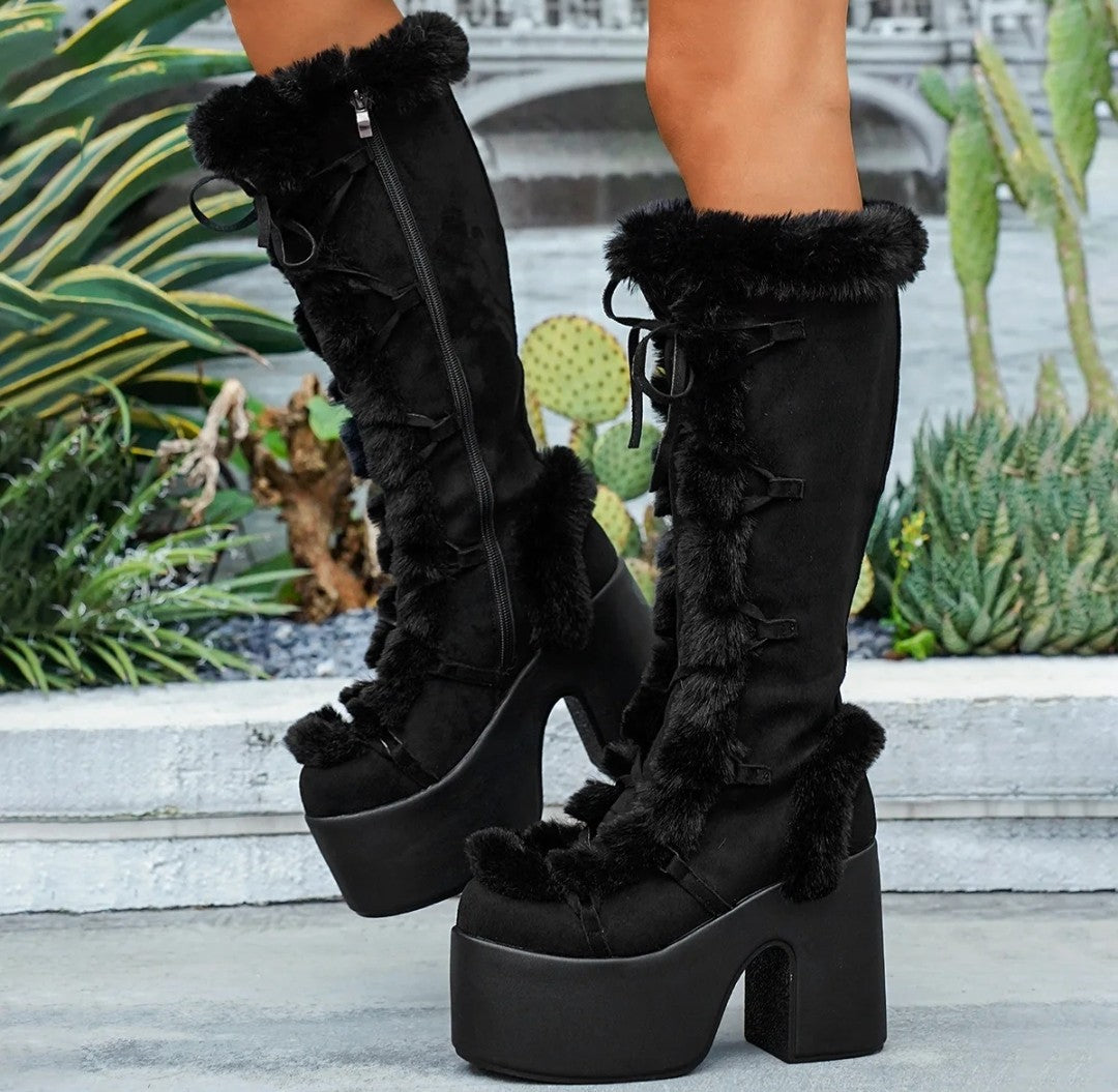 (Free Shipping) Women's Western Thick Chunky Heels Long Lace Up Furry Round Toe Platform Knee High Boots