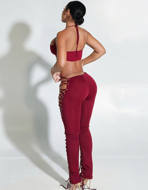 Load image into Gallery viewer, (Free Shipping)(Tariffs included in price) Women's trendy stylish two piece lace up pants set women spaghetti strap top
