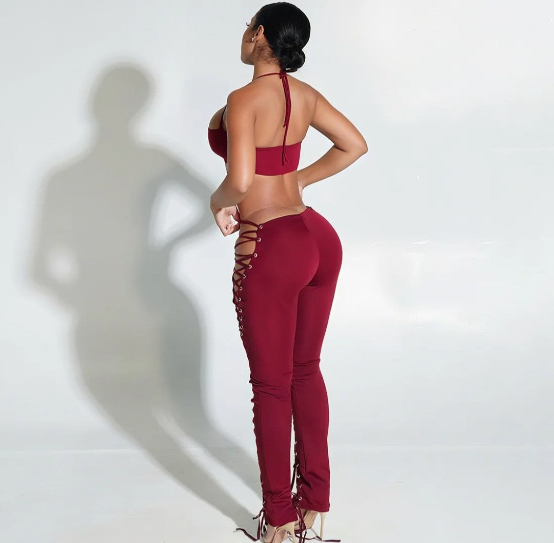 (Free Shipping)(Tariffs included in price) Women's trendy stylish two piece lace up pants set women spaghetti strap top