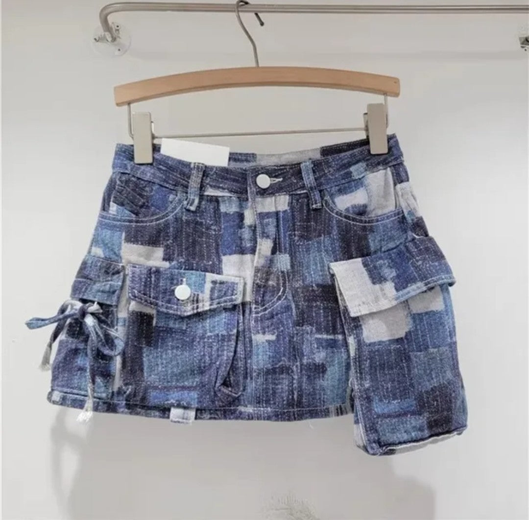 (Free Shipping) Women's denim mini skirt contrasting color multiple pocket patchwork cargo mini skirt