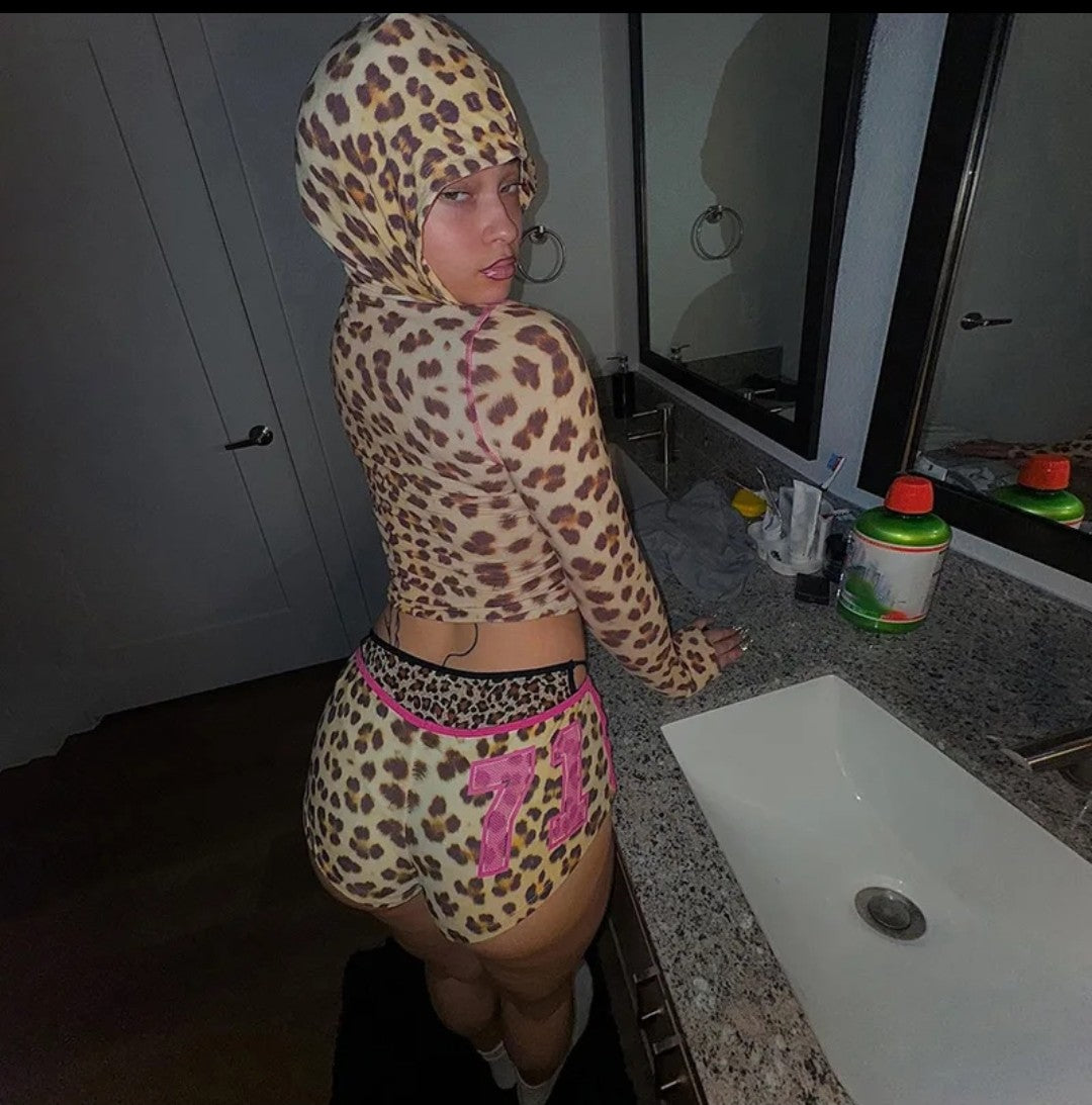 (Free Shipping)(Tariffs included in price) Sporty Leopard Print Women Tracksuit 2piece Set Hooded Jacket+Biker Shorts