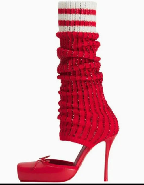 Load image into Gallery viewer, (Free Shipping) Diamond Knitted Upper High Heeled Shoe Front Bow Square Toe Knee High Stretch Cut Out Sock Sandals
