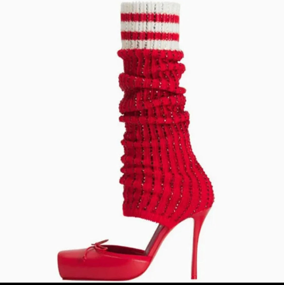 (Free Shipping) Diamond Knitted Upper High Heeled Shoe Front Bow Square Toe Knee High Stretch Cut Out Sock Sandals