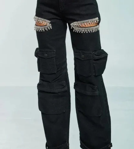 (Free Shipping)(Tariffs included in price) Ladies Wide Leg High Waist Washed Spliced Butterfly Bow Jeans