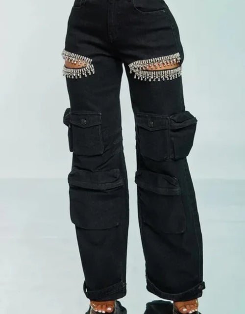 Load image into Gallery viewer, (Free Shipping)(Tariffs included in price) Ladies Wide Leg High Waist Washed Spliced Butterfly Bow Jeans
