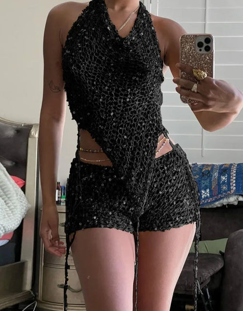Load image into Gallery viewer, (Free Shipping)(Tariffs included in price) Hooded Knit sequins 2 Piece Set halter top and shorts. Made from a breathable polyester and cotton blend.
