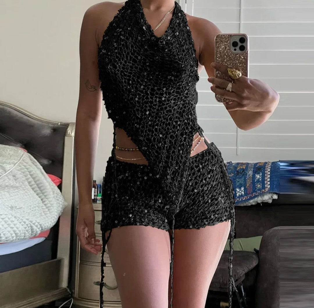 (Free Shipping)(Tariffs included in price) Hooded Knit sequins 2 Piece Set halter top and shorts. Made from a breathable polyester and cotton blend.