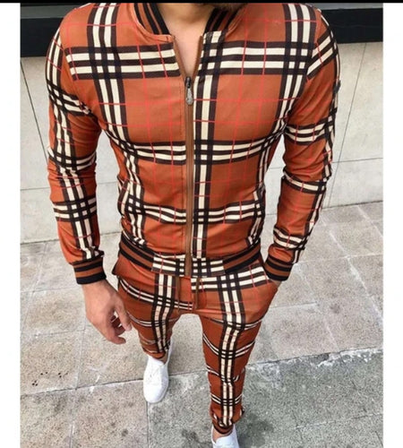 (Free Shipping)(Tariffs included in price) Men's Fashion Printed Comfortable Plaid Jogging Suit Casual Leisure Sports Set