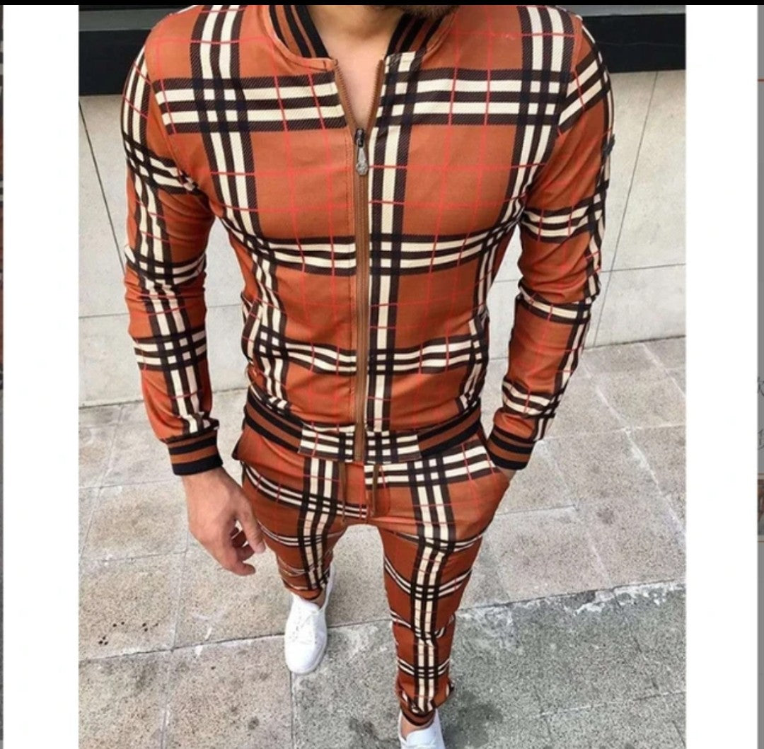 (Free Shipping)(Tariffs included in price) Men's Fashion Printed Comfortable Plaid Jogging Suit Casual Leisure Sports Set