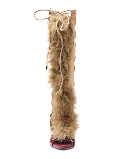 Load image into Gallery viewer, (Free Shipping) Furry High Heeled Open Pointed Toe Lace Up Hollow Stiletto Boots
