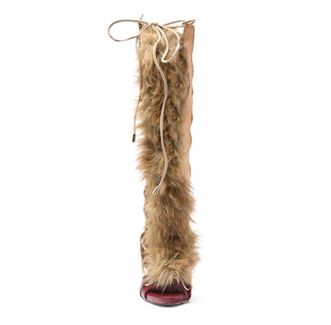 (Free Shipping) Furry High Heeled Open Pointed Toe Lace Up Hollow Stiletto Boots
