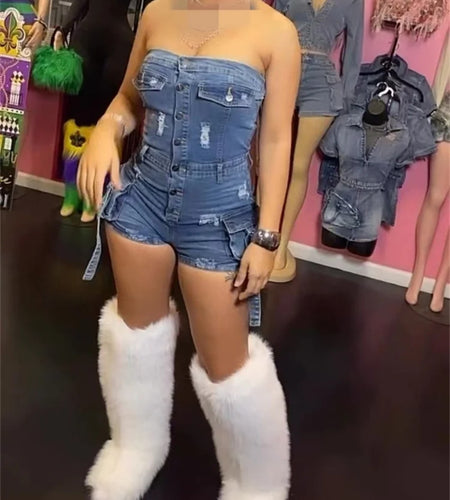 (Free Shipping)(Tariffs included in price) Sexy High Stretch Denim Off Shoulder Bodycon One Pieces Rompers Women Pockets Sleeveless Jeans Jumpsuits