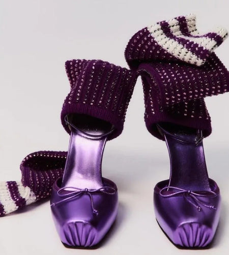 (Free Shipping) Diamond Knitted Upper High Heeled Shoe Front Bow Square Toe Knee High Stretch Cut Out Sock Sandals