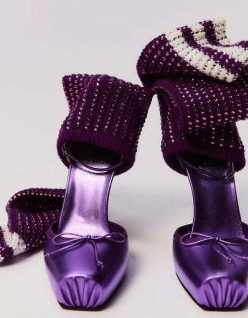 Load image into Gallery viewer, (Free Shipping) Diamond Knitted Upper High Heeled Shoe Front Bow Square Toe Knee High Stretch Cut Out Sock Sandals
