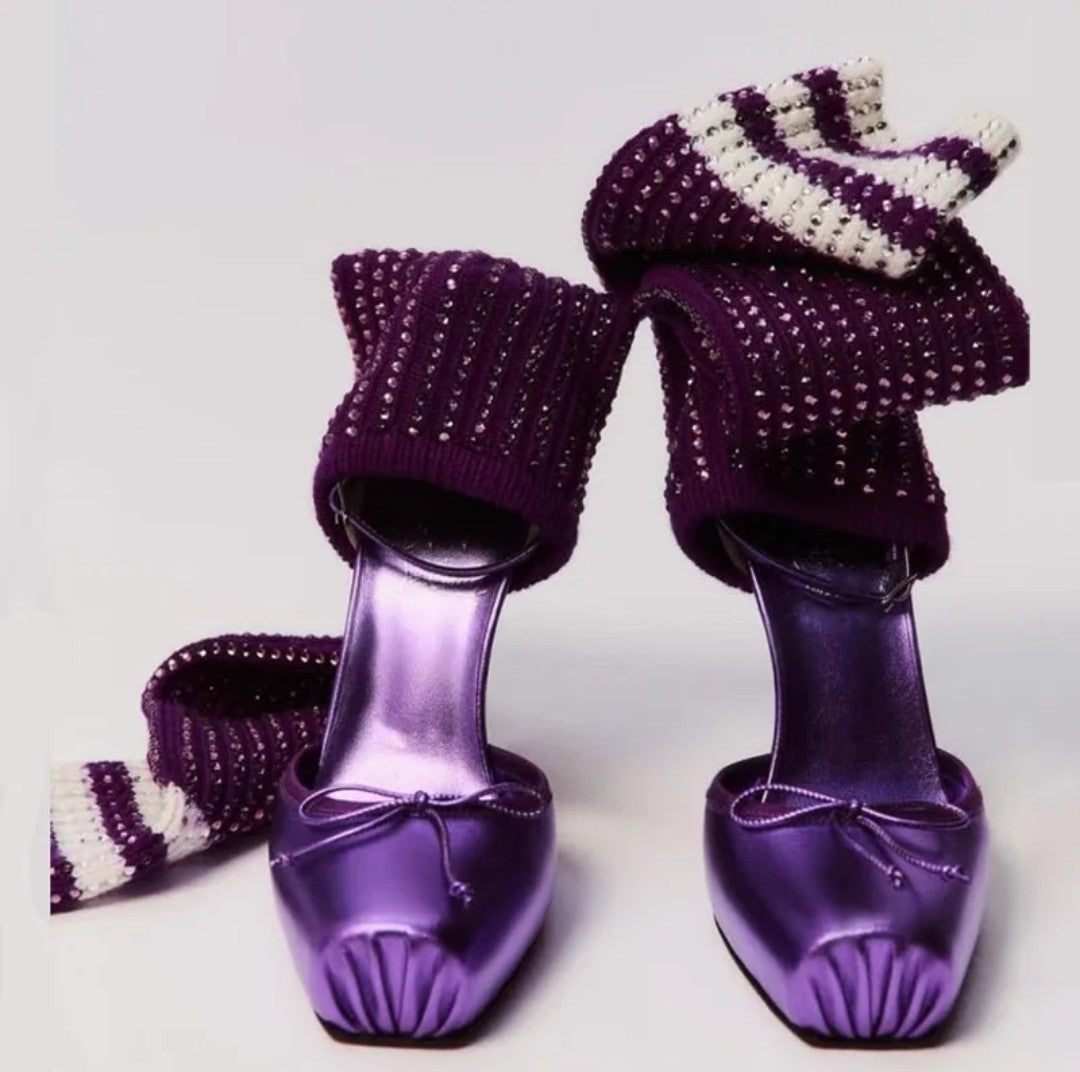 (Free Shipping) Diamond Knitted Upper High Heeled Shoe Front Bow Square Toe Knee High Stretch Cut Out Sock Sandals
