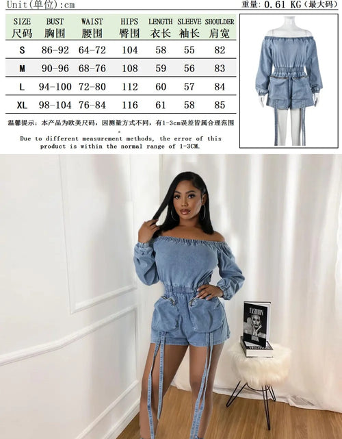Load image into Gallery viewer, (Free Shipping)(Tariffs included in price) Wholesale popular trendy fall women clothes denim jeans off shoulder shorts jumpsuit
