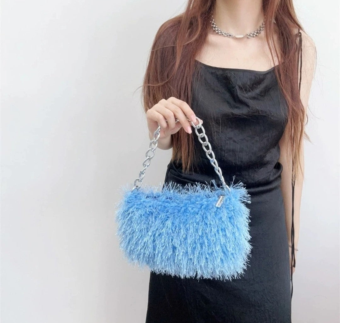 (Free Shipping) Plush Women's Hobos Underarm Bag Hot Girls Furry Clutch Shoulder Bag Luxury Faux Fur Female Fluffy Armpit Handbag